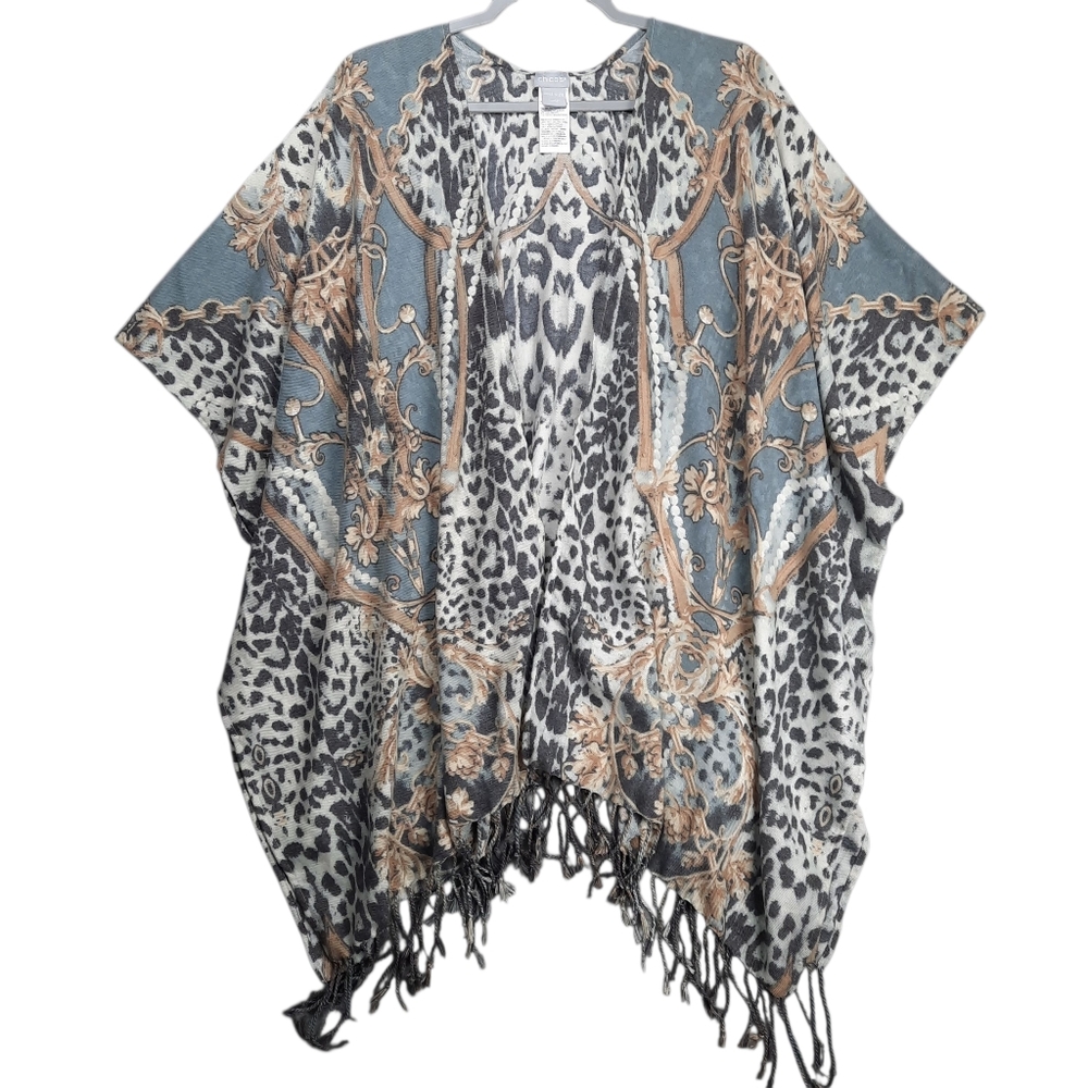 Chico's Baroque Animal Fringed Open Front Caftan Cardigan SZ OSFM